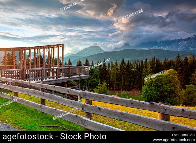 Dachstein mountain and summer valley views from Almwelt Austria resort. Almwelt Austria is located 7 km from the city Schladming