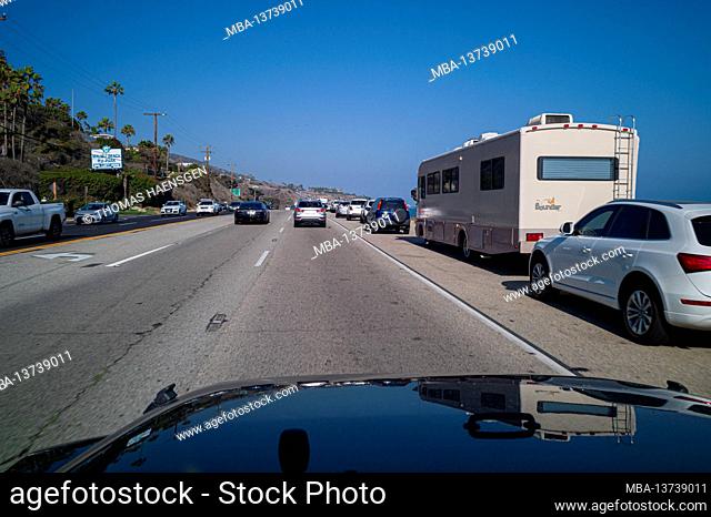 Driving on the Pacific Coast Highway between Malibu and Los Angeles, California, USA
