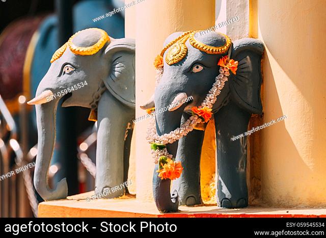 Mapusa, Goa, India. Elephant Statue Near The Shree Ganesh Mandir, Ganeshpuri Temple. Famous Landmark And Popular Destination
