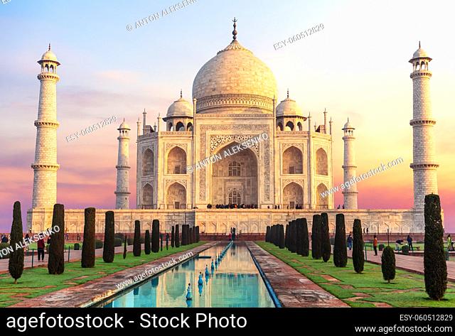 Beautiful Taj Mahal at sunrise and its reflection, India, Agra