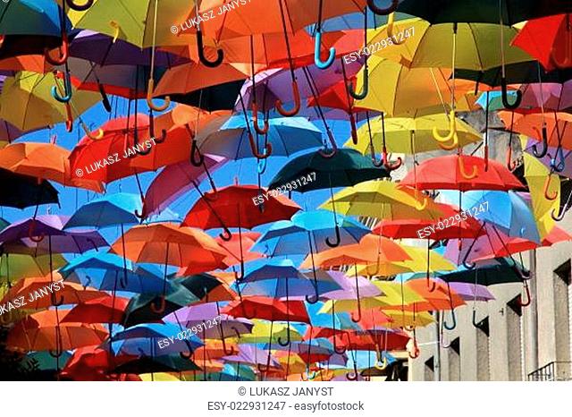 Street decorated with colored umbrellas.Madrid, Getafe, Spain