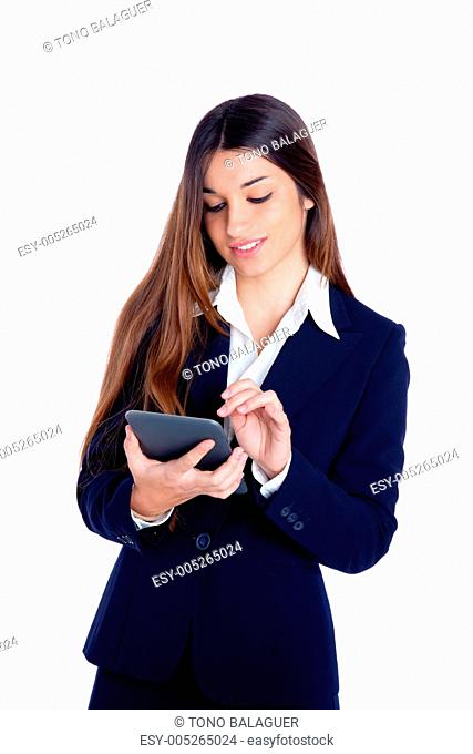 brunette indian business woman reading ebook tablet pc