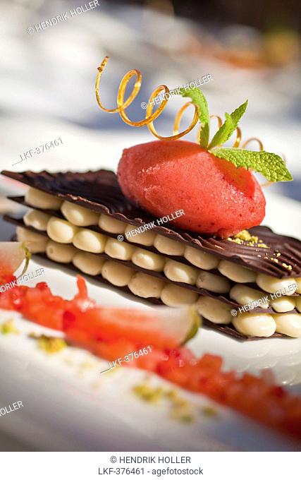 Mille Feuille of white and dark chocolate with marinated strawberries and strawberry sorbet, Restaurant Bosmans at Grande Roche Hotel, Paarl, Cape Town