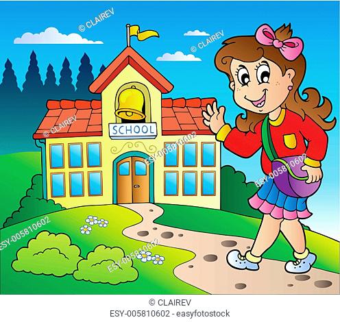 Theme with girl and school building