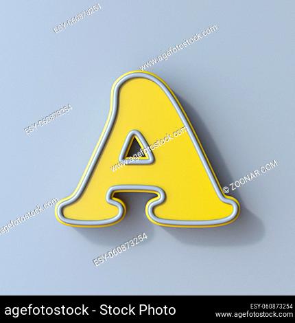 Yellow cartoon font Letter A 3D render illustration isolated on gray background