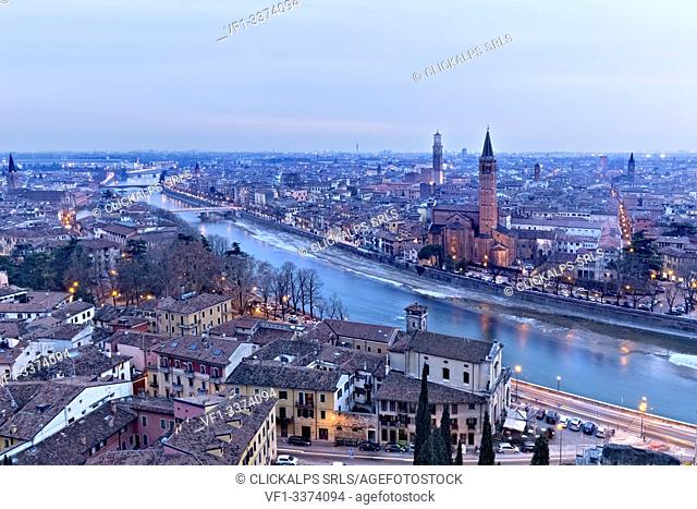 Verona with Basilica of Santa Anastasia in the evening. Veneto, Italy, Europe