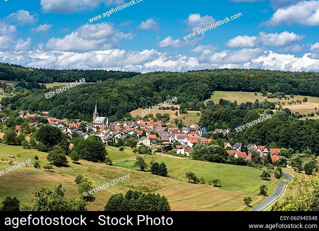 Scenic view over the countryside and the village Reichenbach, Hesse, Germany