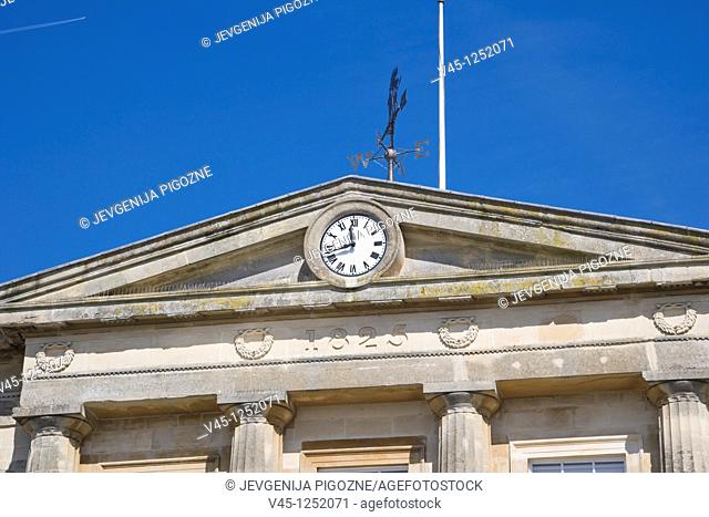Clock and weather vane of the Guildhall, Andover, Hampshire, England, UK
