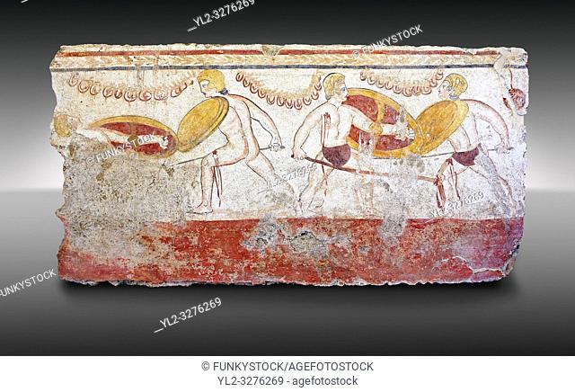 Lucanian fresco tomb painting of men dualing . Paestrum, Andriuolo. 3rd Century BC
