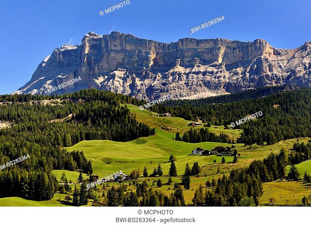 Kreuzkofel cliffs above the Badia Alta valley in the Dolomites, Italy, Dolomites, Fanes National Park