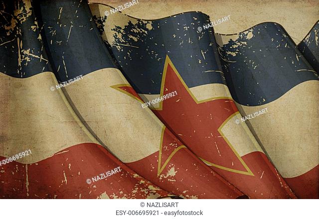 Illustration of a rusty Yugoslavian flag printed on old paper