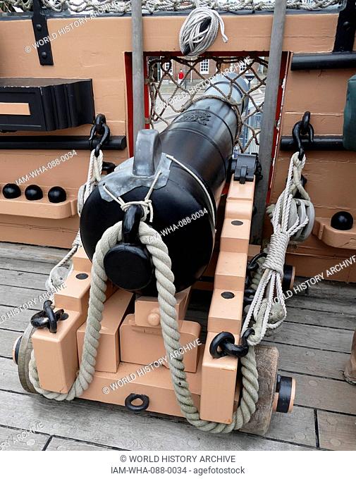 Cannon on the deck of HMS Victory is a 104-gun first-rate ship of the line of the Royal Navy, ordered in 1758, laid down in 1759 and launched in 1765