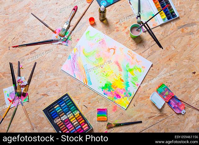 Colorful nice still life with artistic elements and tools