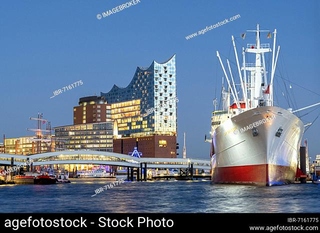 Landungsbrücken with museum ship Cap San Diego at Überseebrücke and Elbe Philharmonic Hall, Hamburg, Germany, Europe