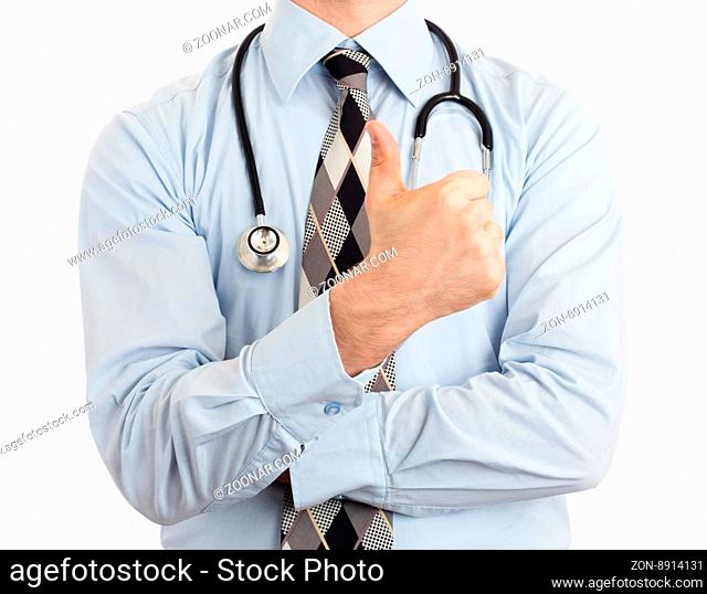 Close up of male doctor hand showing thumbs up, isolated