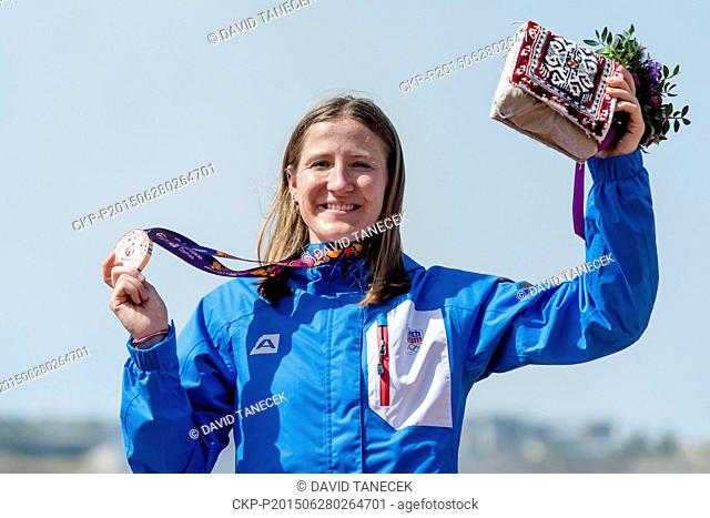 Aneta Hladikova of Czech Republic celebrates bronze medal from Women's BMX cycling at the Baku 2015 1st European Games in Baku, Azerbaijan, June 28, 2015
