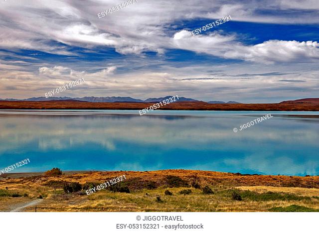 Lake Pukaki fed by the Tasman River, which has its source in the Tasman and Hooker Glaciers, close to Aoraki / Mount Cook in South Island of New Zealand
