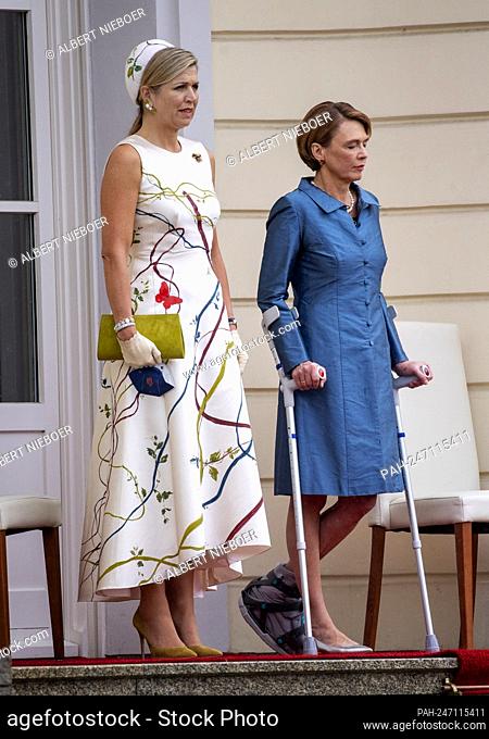 Queen Maxima and Elke B?denbender King Willem-Alexander and Queen Maxima of The Netherlands at Schloss Bellevue in Berlin, on July 05, 2021, received by Dr