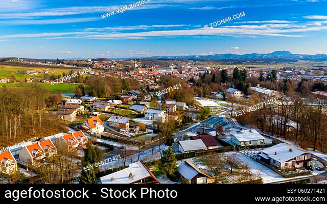 Early spring over small European town, aerial view, Slovenska Bistrica, Slovenia