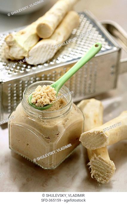 Horseradish fresh and in jar with grater