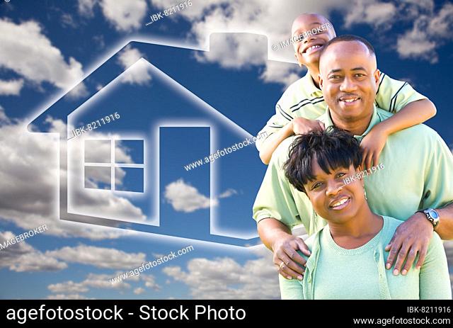 Happy african american family over clouds, sky and house icon