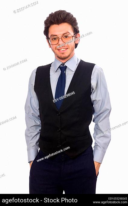 Young businessman in funny concept on white