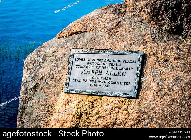 Acadia National Park, ME, USA - August 15, 2018: A Joseph Allen stone marker in the national park