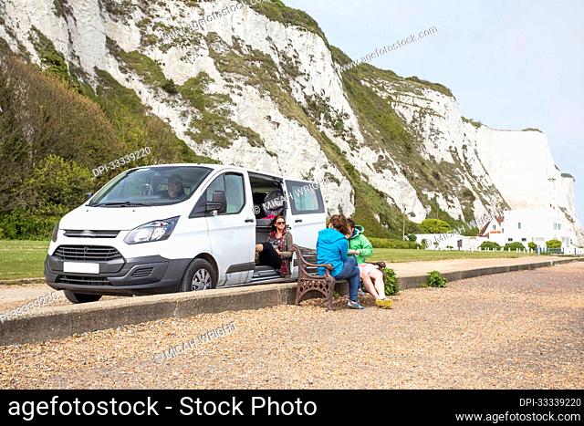 Stopping for lunch at the base of the White Cliffs of Dover; Saint Margarets Bay, England, United Kingdom