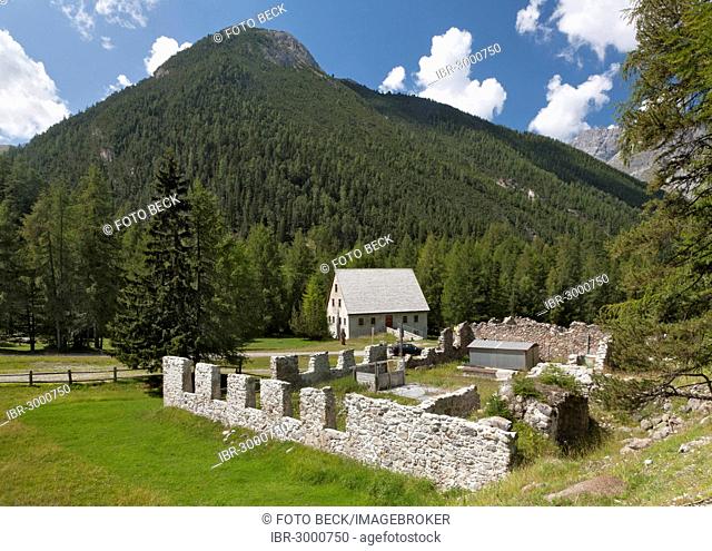 Mining ruins, stamp mill near S-charl, Scuol, S-charl valley, Engadine Dolomites