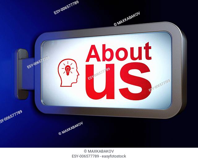 Advertising concept: About Us and Head With Lightbulb on advertising billboard background, 3d render