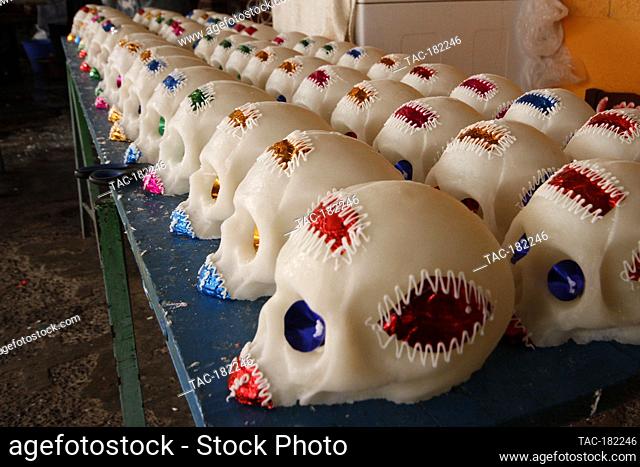 MEXICO CITY, MEXICO - OCTOBER 23: Sugar Skull seen during the making of the traditional Sugar Skull (Calaverita de Azucar); The inhabitants of the town of...