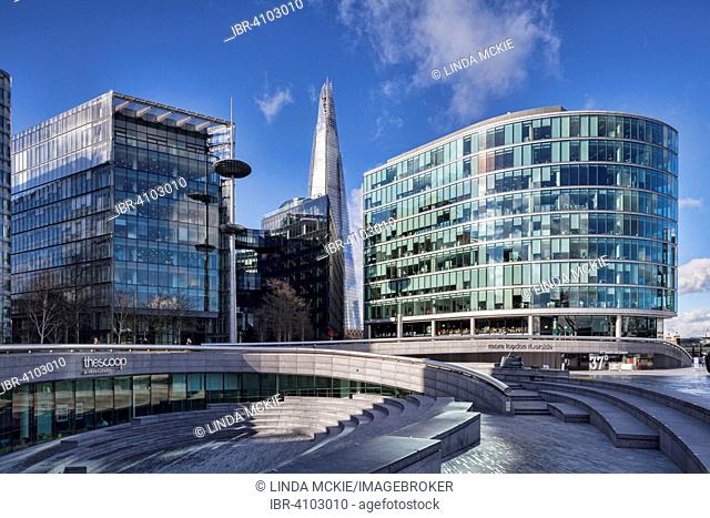 Part of the More London complex, The Shard behind, south bank of the River Thames, London, England, United Kingdom