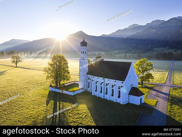 Church St. Coloman at sunrise, near Schwangau, drone picture, East Allgäu, Allgäu, Swabia, Bavaria, Germany, Europe