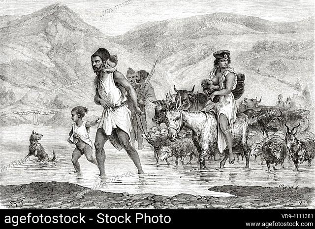 Family of Kabyle natives wading in a river, Kabylia. Northern Algeria, Africa. Excursion in Great Kabylia by Commander Emile Duhousset 1864 from Le Tour du...