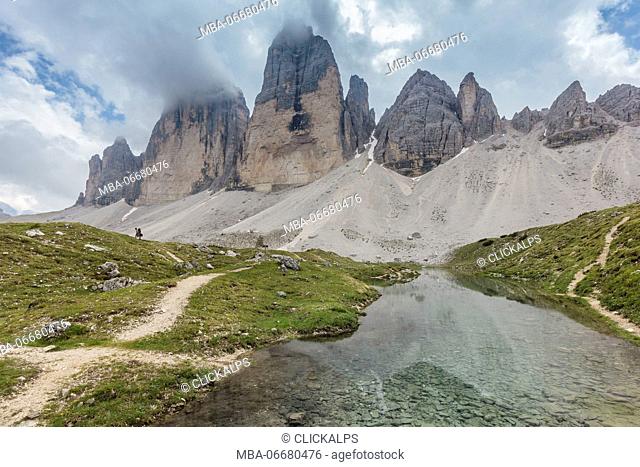 Europe, Italy, Dolomites, Belluno and Bolzano. Tre Cime di Lavaredo north face as seen from Grava Longa lakes