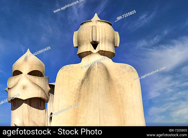 Sculptural ventilation shafts on the Casa Mila or La Pedrera by Antoni Gaudi, Unesco World Heritage Site, Passeig de Gracia, Barcelona, Spain, Europe