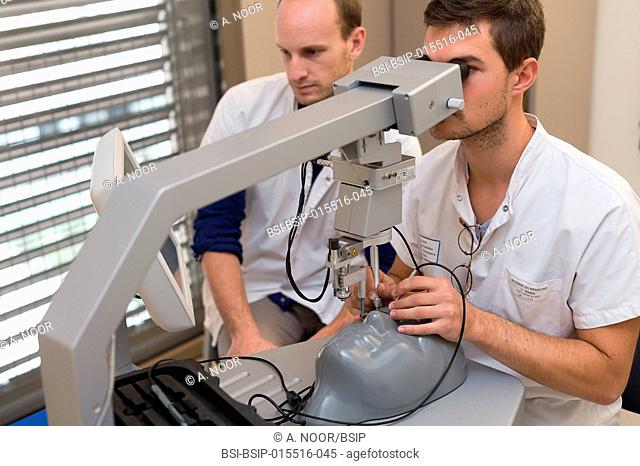 Reportage in the ophthalmology service in Pasteur 2 Hospital, Nice, France. The service is equipped with a simulation center enabling interns to practice in a...
