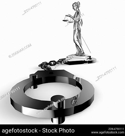 A picture of a Themis statue and handcuffs over white background