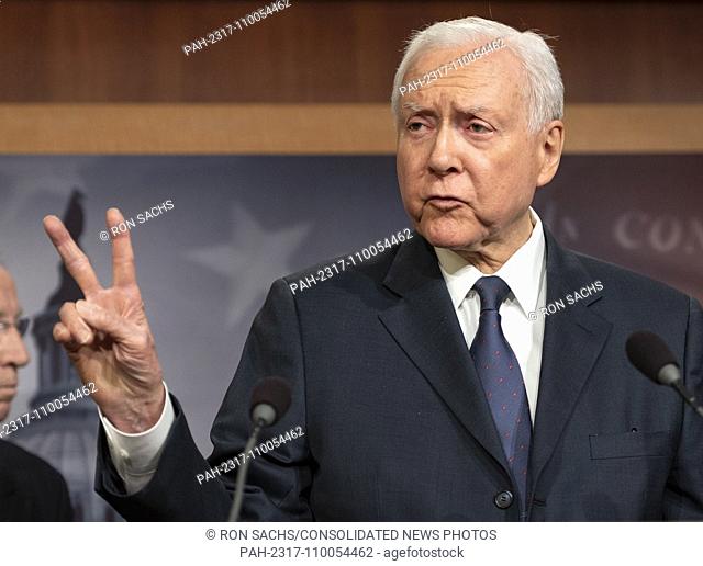 United States Senator Orrin Hatch (Republican of Utah) answers a reporter's question at a Republican press conference in the US Capitol in Washington