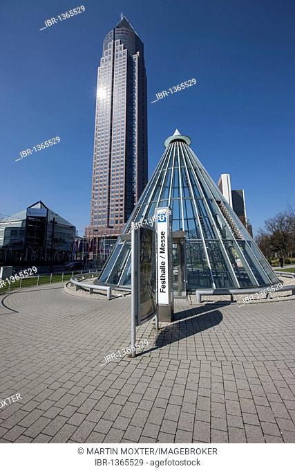 Entrance to the subway in front of the Messeturm building at Friedrich Ebert Anlage, Frankfurt am Main, Hesse, Germany, Europe