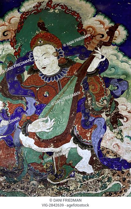 INDIA, LEH, 14.07.2010, An ancient painting of one of the Guardians of the Four Directions in the Spituk Gompa in Ladakh, India