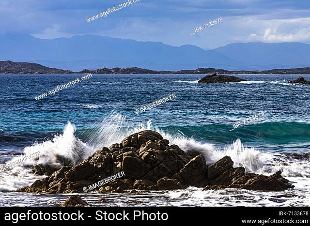 Stormy sea on the rocky coast of Isola Maddalena, Parco Nazionale dell'Arcipelago de la Maddalena, Gallura, Sardinia, Italy, Europe