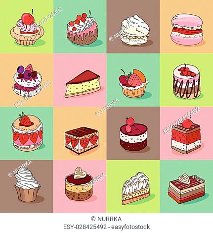 Seamless pattern with different kinds of dessert. Endless texture for your design, announcements, postcards, posters, restaurant menu