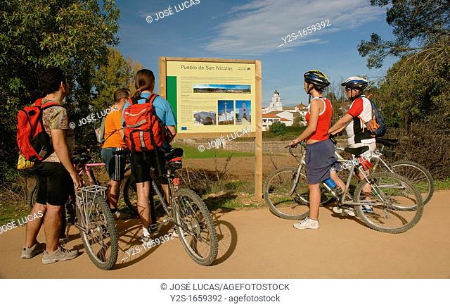 «Green way» of North Range and cyclists, San Nicolas del Puerto, Seville-province, Spain