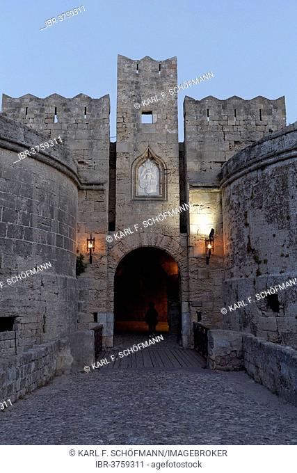 Amboise Gate, medieval bastion, blue hour, historic town centre, Rhodes, Island of Rhodes, Dodecanese, Greece