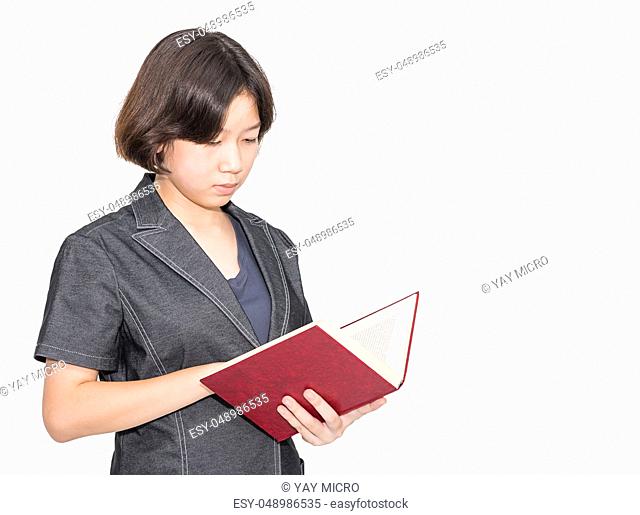 Young female short hair holding up red book, Cut out isolated on white background