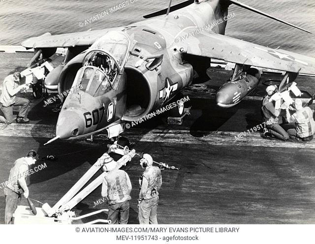 Armourers with Bombs and Vma-231 Us Marines Usmc Bae Boeing Av-8A Harrier on the Flight-Deck of Uss Franklin D Roosevelt in the Mediterrean Sea