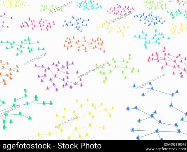 Crowd of small symbolic 3d figures linked by lines, many color mixed network groups, horizontal, over white