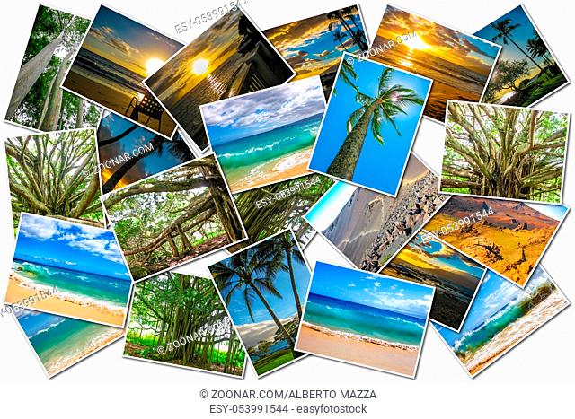 Hawaii pictures collage of different famous locations landmark of Maui island in Hawaii, United States on white background