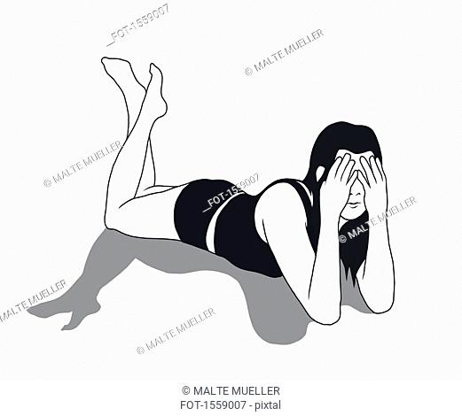 Illustration of woman covering face while lying on stomach against white background